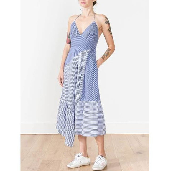 Tibi Dresses & Skirts - Tibi Sleeveless Collage Striped Halter Midi Dress Asymmetrical Blue Women's Sz 6